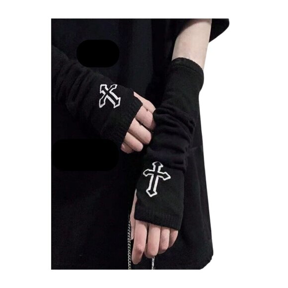 Gothic Cross Fingerless Gloves Black with White Cross Romwe NWT - Picture 1 of 2